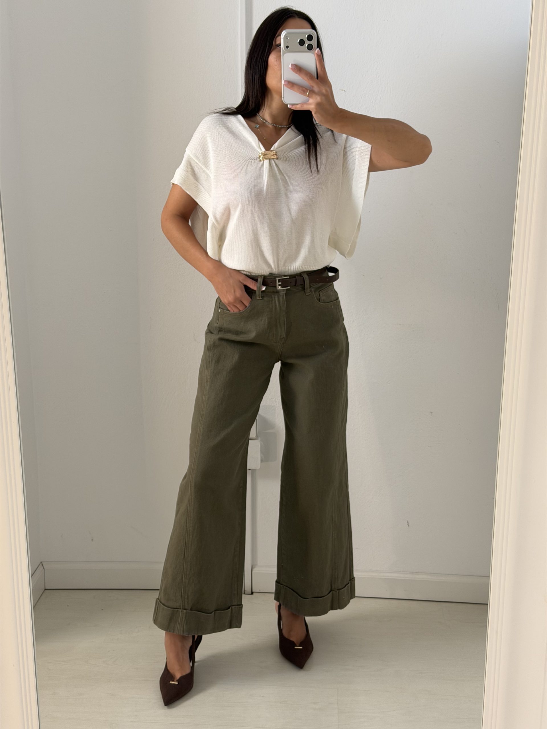 IMG_8725 Ψηλόμεσο Wide-Leg Τζιν Παντελόνι με Ρεβέρ – Χακί Σκούρο - Image 1